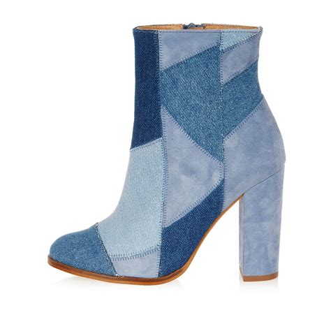 lyst river island blue denim patchwork heeled ankle boots  blue