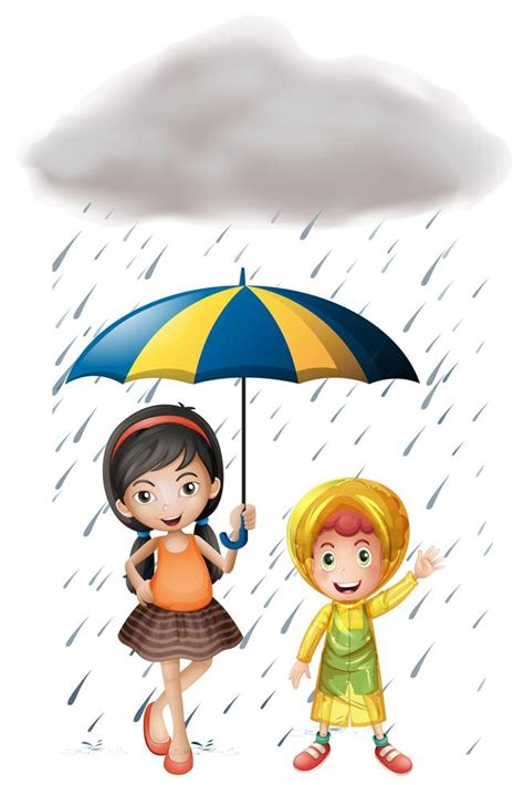 deux enfants avec parapluie  impermeable sous la pluie  art vectoriel chez vecteezy