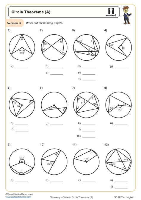 circle theorems  worksheet cazoom maths worksheets