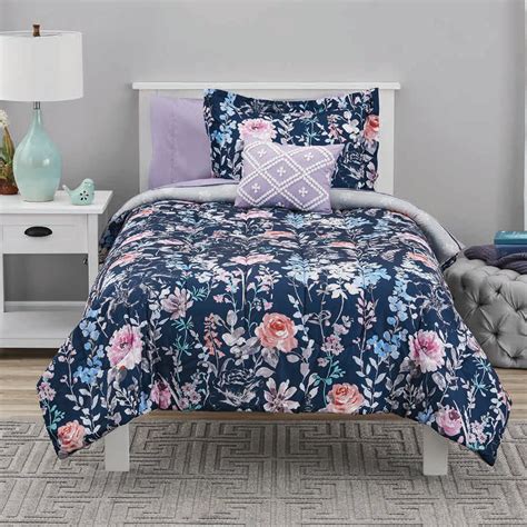 mainstays navy floral bed   bag coordinating bedding set twin xl