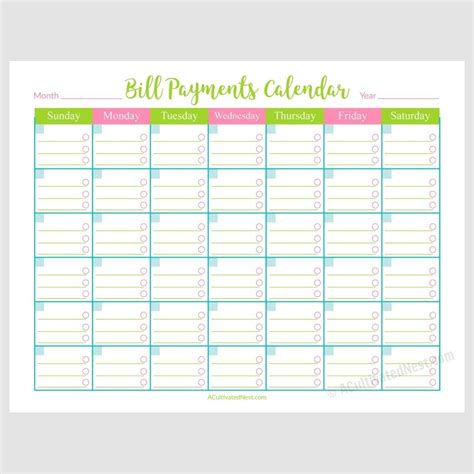 bills pay calendar  printable monthly  calendar printable