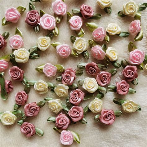 100pcs lot mini handmade rose flower satin ribbon rosettes fabric