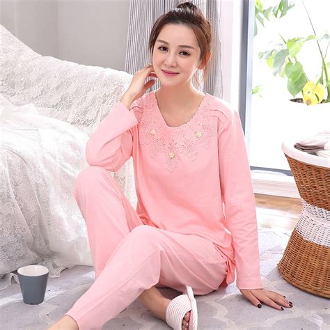 New Spring 100 Cotton Lace Floral Long Sleeve Women Pajamas Set Round
