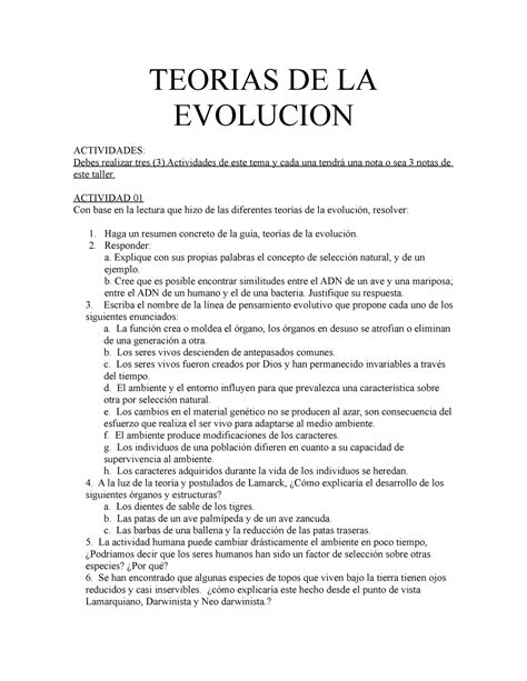 Teorias De La Evolucion Teorias De La Evolucion Actividades Debes