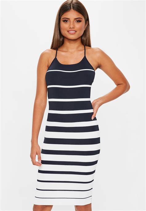 Lyst Missguided Navy Knitted Stripe Mini Dress In Blue