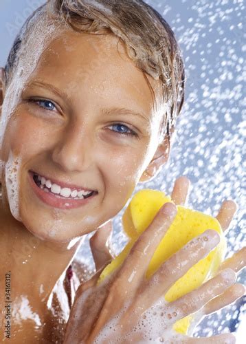 happy teen girl taking shower bath healthy skin washing buy this