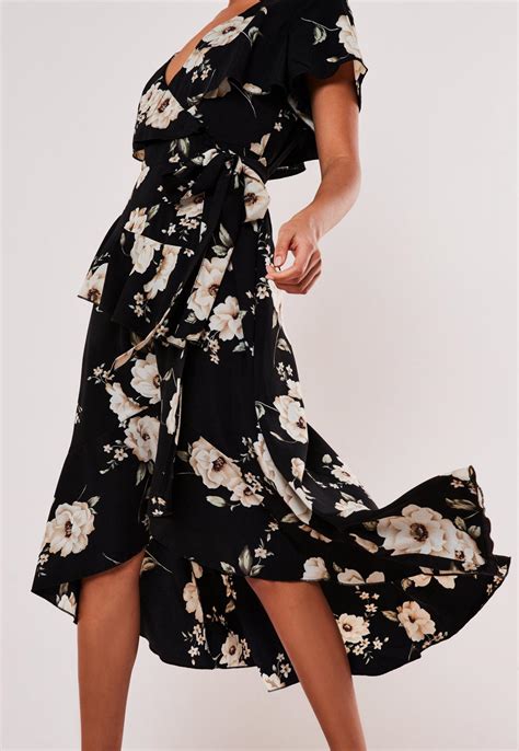 black floral wrap midi dress missguided