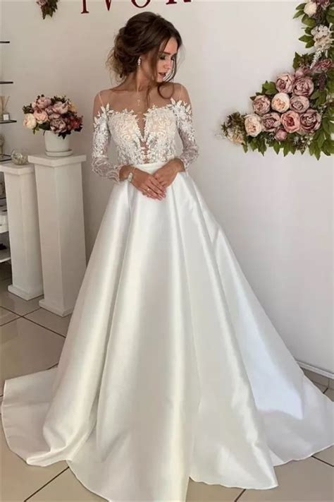stunning long sleeve satin wedding dresses appliques a line simple