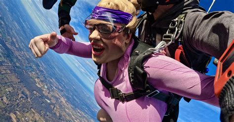 oakville teacher famous for huge prosthetic breasts went skydiving with