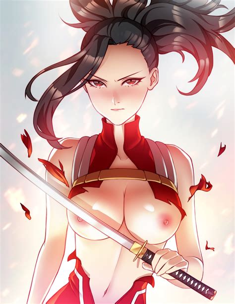 pinkladymage boku no hero academia yaoyorozu momo breasts nipples no bra sword torn clothes