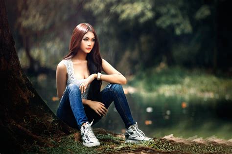 asian women outdoors model sitting redhead women