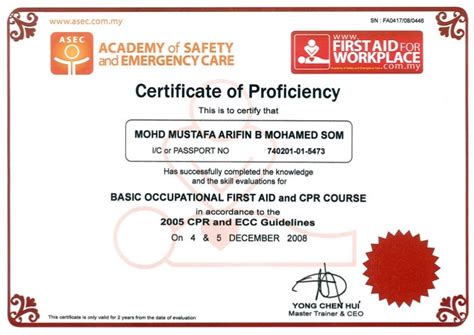 certificate  proficiency basic occupational fist aid cpr