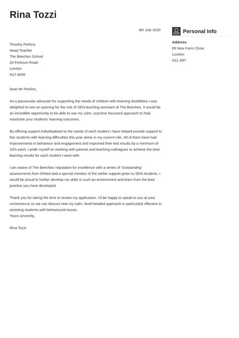 cover letter template teaching assistant
