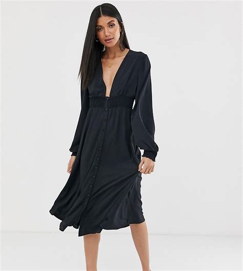 asos design tall midi jurk met lange mouwen knopen en gesmokte taille zwart tall fashion