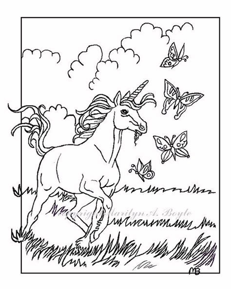 adult coloring page unicorn fantasy unicorn chasing butterflies