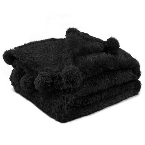 pavilia black sherpa throw blanket  couch pom pom fluffy plush soft blanket  sofa bed