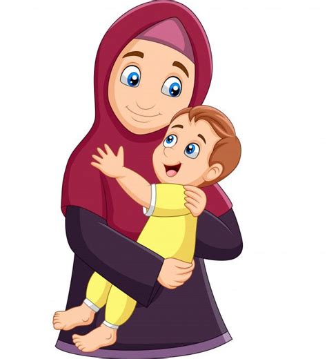 muslim mother hugging her son islamic cartoon vector