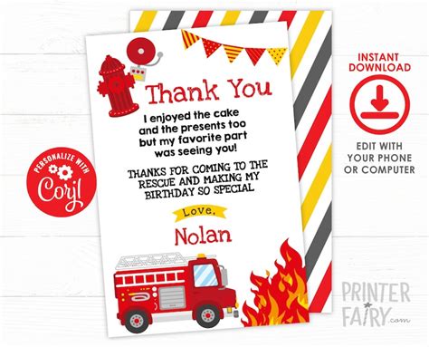 firefighter   cards editable fire fighter birthday etsy