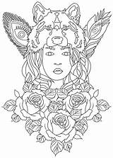 Wolf Coloring Woman Pages Stress Anti Drawing Color Roses Adults Zen Feathers Human Adult Surround Her Antistress Drawings sketch template