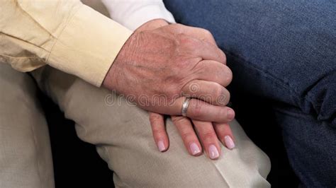 Caring Elderly Grandma Wife Holding Hand Senior Grandpa Husband Give