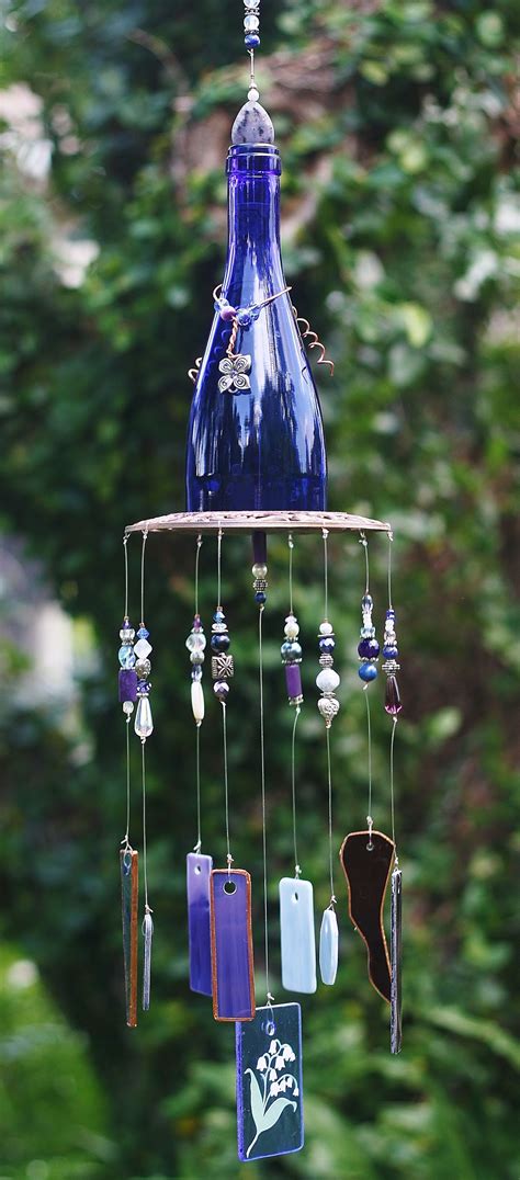 beautiful ooak wine bottle wind chime    chime unique gift