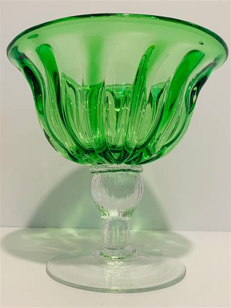 Vintage Green Glass Pedestal Compote Candy Fruit Dish Clear Etsy