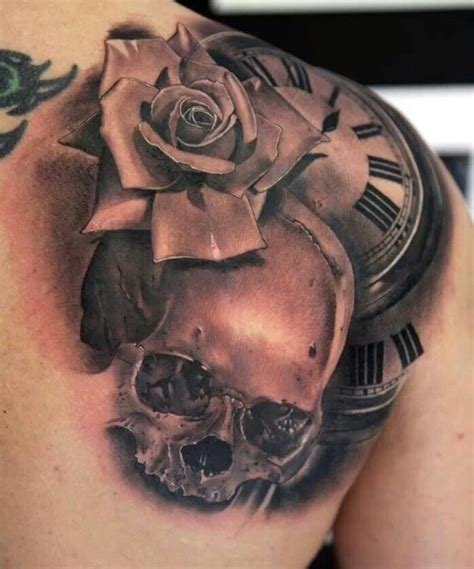 rose skull clock tattoo tattoo pinterest steam