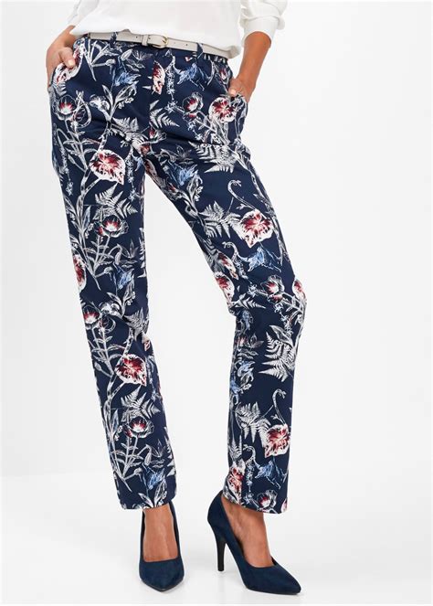 stretch broek met print donkerblauw gedessineerd dames bpc selection bonprixnl