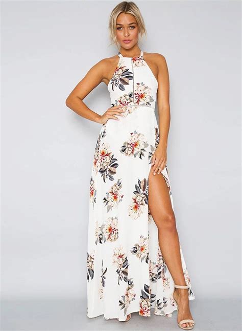 sleeveless polyester halter neck floral print maxi day going out dress