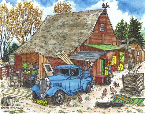 barn  antique pickup truck drawing  bill friday