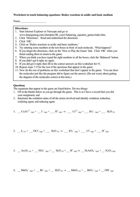 worksheet  teach balancing equations redox reactions  acidic