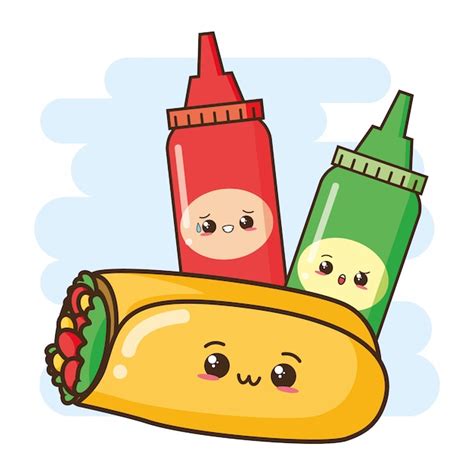 vector kawaii fast food cute burrito  sauces illustration