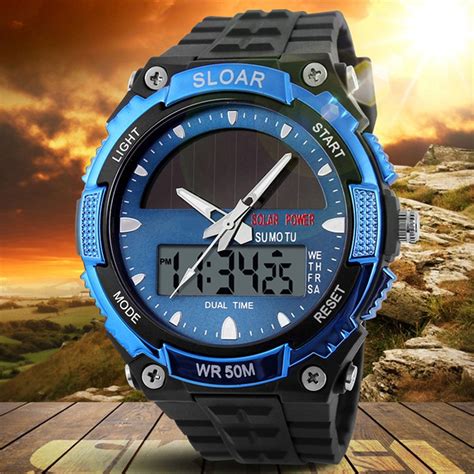 men sports solar power dual time display water resistant electronic silicone strap