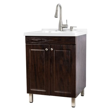 utility sink brown laundry cabinet  high arc stainless steel faucet