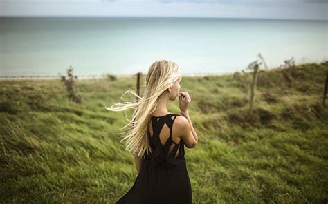 women long hair women outdoors blonde dress black dress depth of