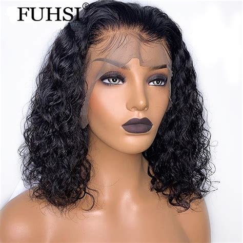 fuhsi short curly bob wig  lace frontal human hair wigs  women black color brazilian remy