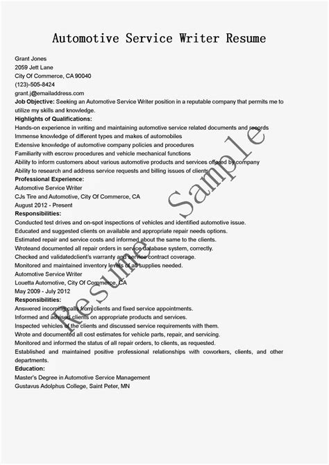 resume samples automotive service writer resume sample