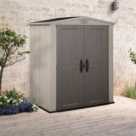 keter factor outdoor plastic garden storage shed  feet beige  delivery  assembly