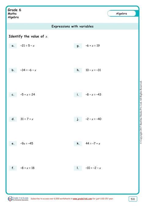 grade algebraic expressions worksheets ideas