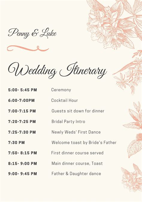 wedding reception itinerary template fillable printable