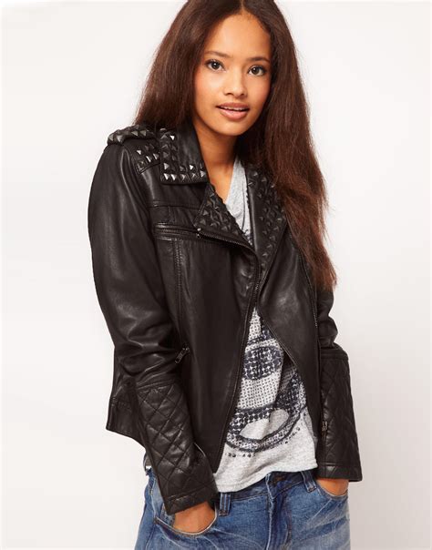 asos collection studded leather biker jacket  black lyst