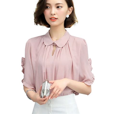 pink women blouse white ruffle blouses shirt  size clothing elegant