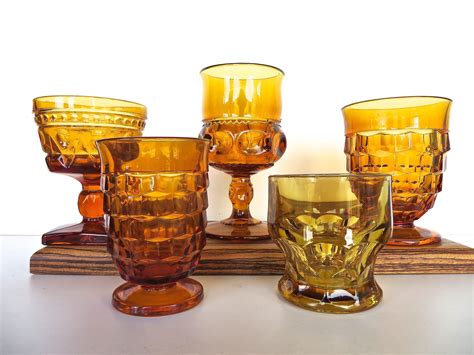 Set Of 5 Mismatched Amber Glasses Retro Glass Goblet Set Etsy Amber