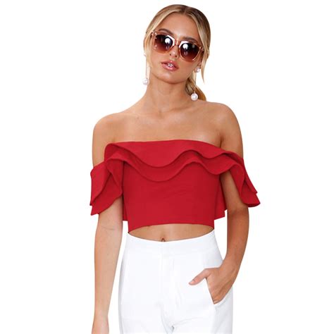 sexy summer crop tops women blouse fashion ruffles off the shoulder