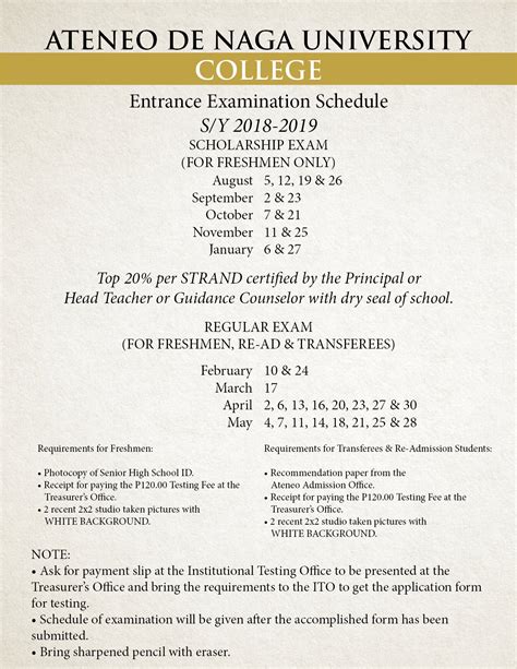 entrance examination schedules ateneo de naga university