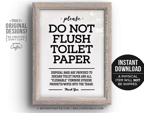 printable   flush toilet paper  flushable items sign bathroom