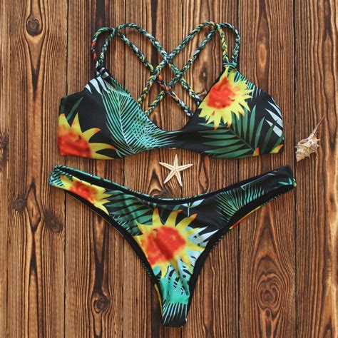 2017 new women sexy bikinis swimwear sunflower thong bikini set beach