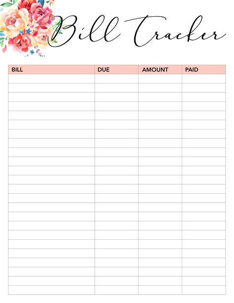 printable bill tracker  images  collection page