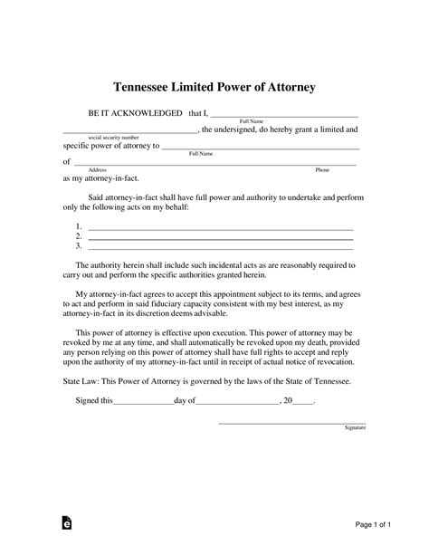 tennessee limited power  attorney form  word eforms