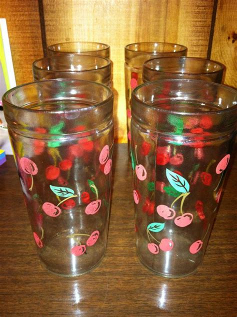 Set Of 6 Vintage Cherries Jelly Jar Glasses By